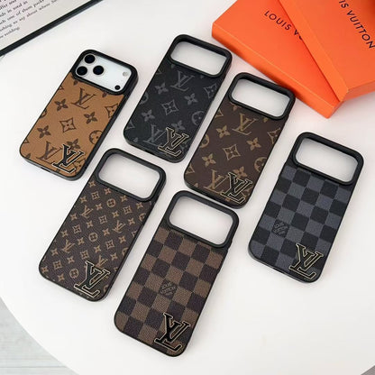 Luxury Brand Leather with Black Logo Phone Case for iPhone 13-17