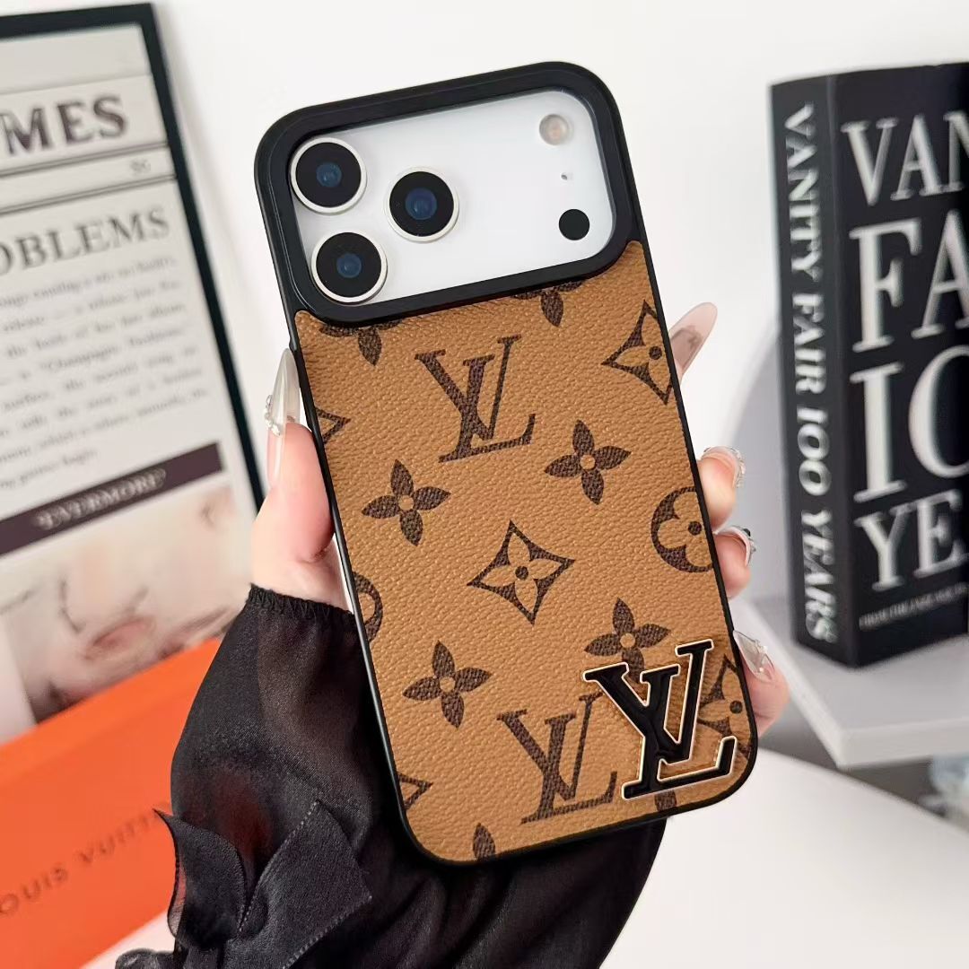 Luxury Brand Leather with Black Logo Phone Case for iPhone 13-17