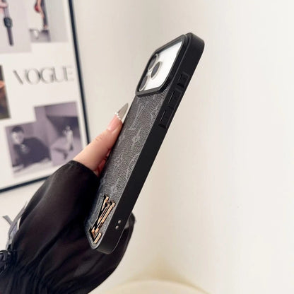 Luxury Brand Leather with Black Logo Phone Case for iPhone 13-17